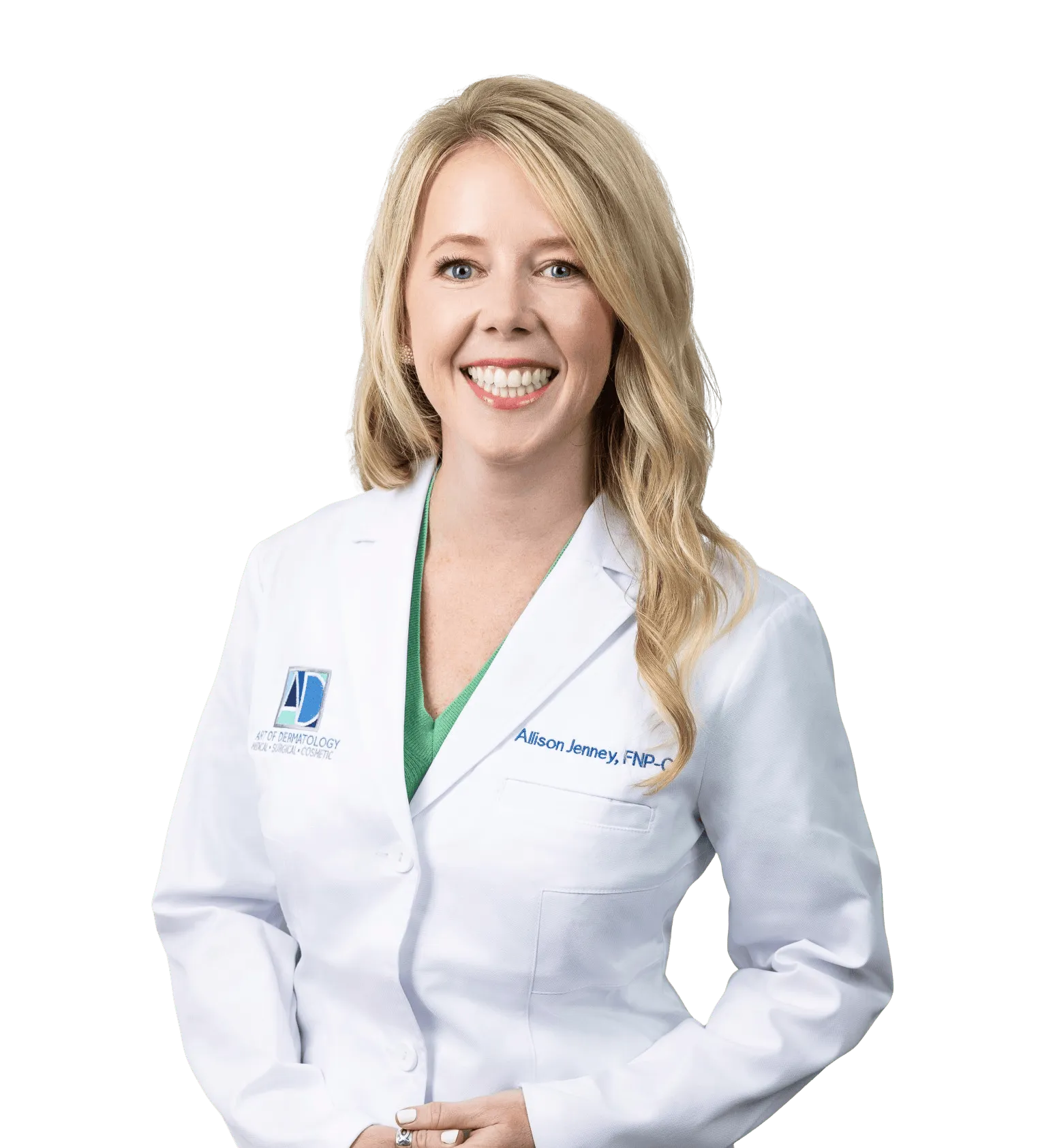 Smiling female dermatologist in a white coat with long blonde hair.