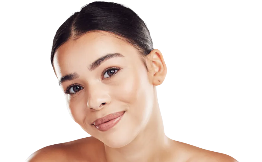 Woman with glowing, healthy skin after professional dermatology treatment, showcasing smooth complexion and hydration.