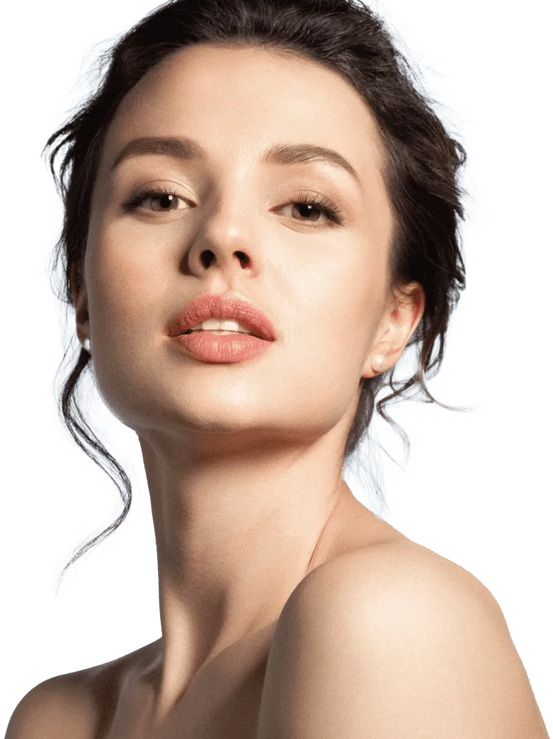 Close-up portrait of a woman with flawless, radiant skin, highlighting natural beauty and skincare.