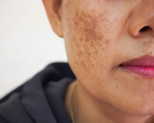 Close-up of face with melasma, showing hyperpigmentation and uneven skin tone, treated with dermatology pigmentation correction services.
