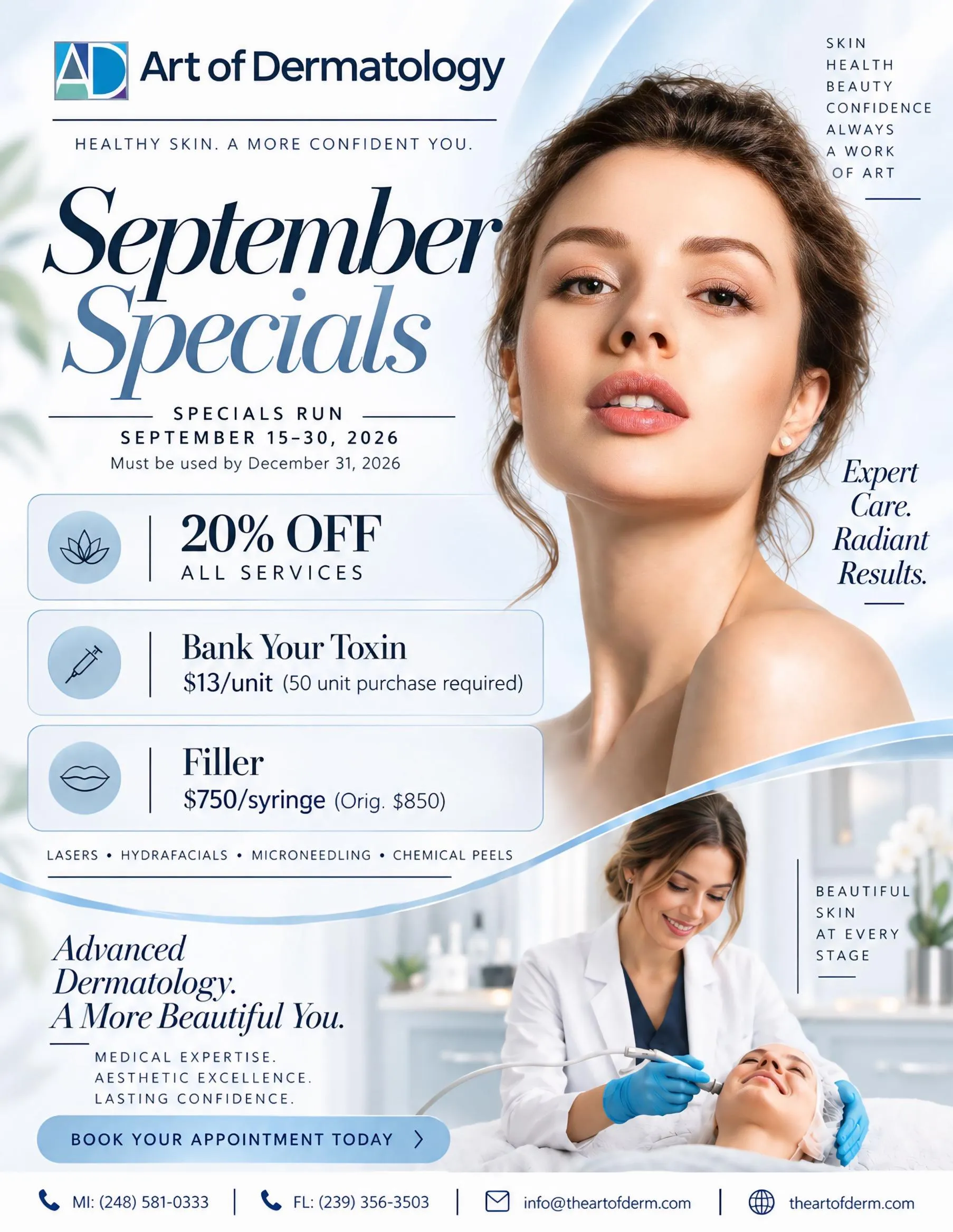 Art of Dermatology September Specials flyer, valid September 15–30, 2026. 20% off all services, Bank Your Toxin $13/unit, Filler $750/syringe. Must be used by December 31, 2026.