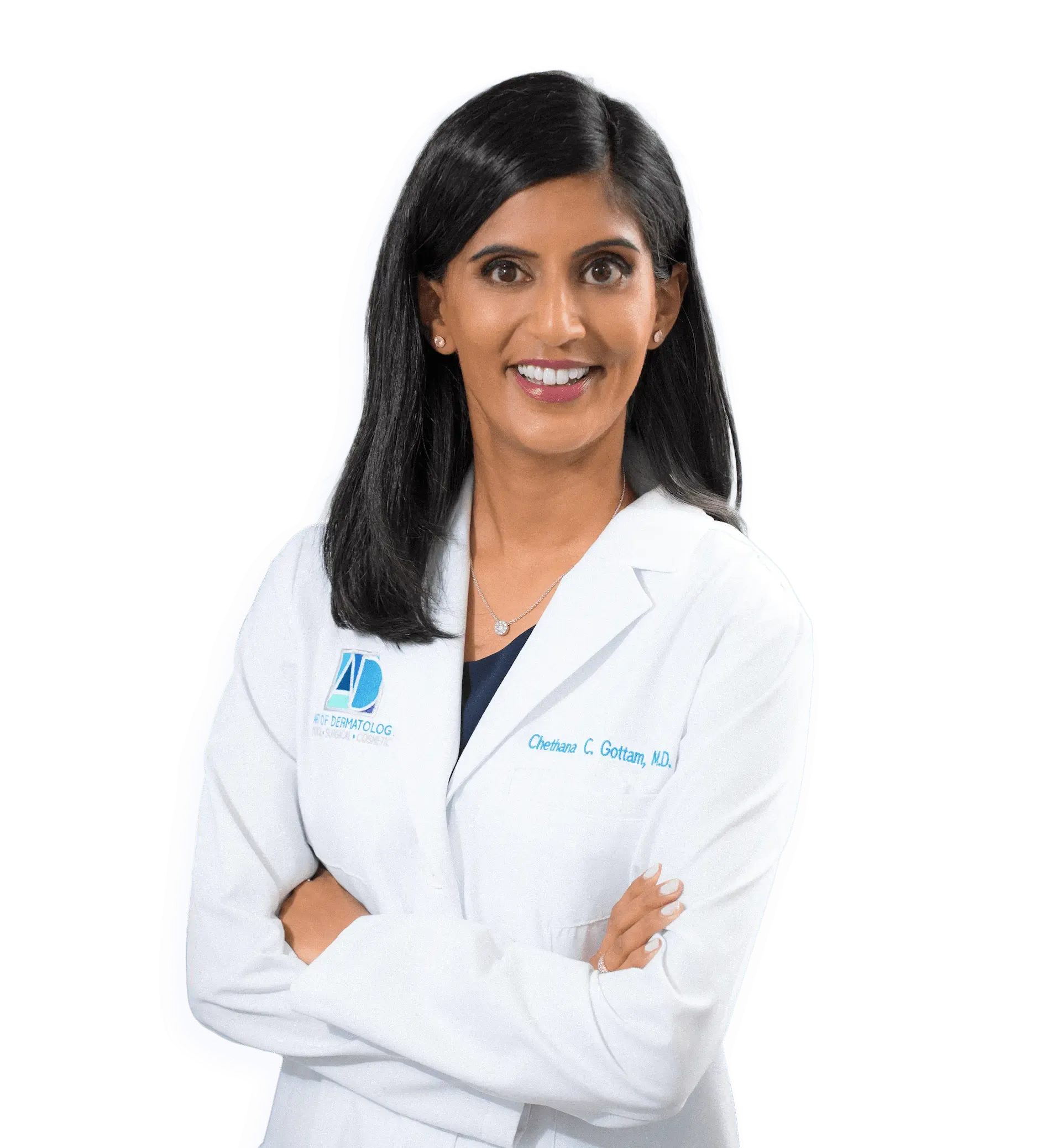 Professional dermatologist in a white coat, smiling confidently at a dermatology clinic, providing expert skin care solutions.