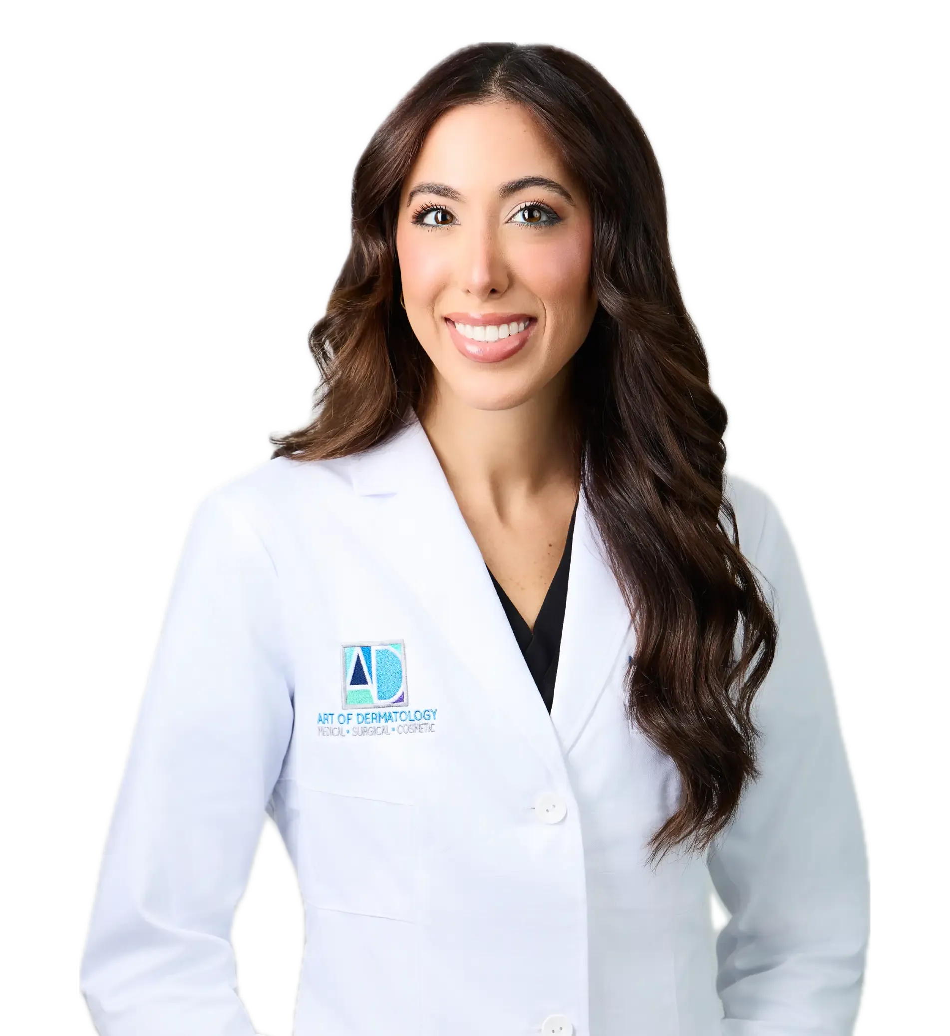 Smiling dermatologist in a white coat from Art of Dermatology, providing expert skin care treatments and cosmetic services.