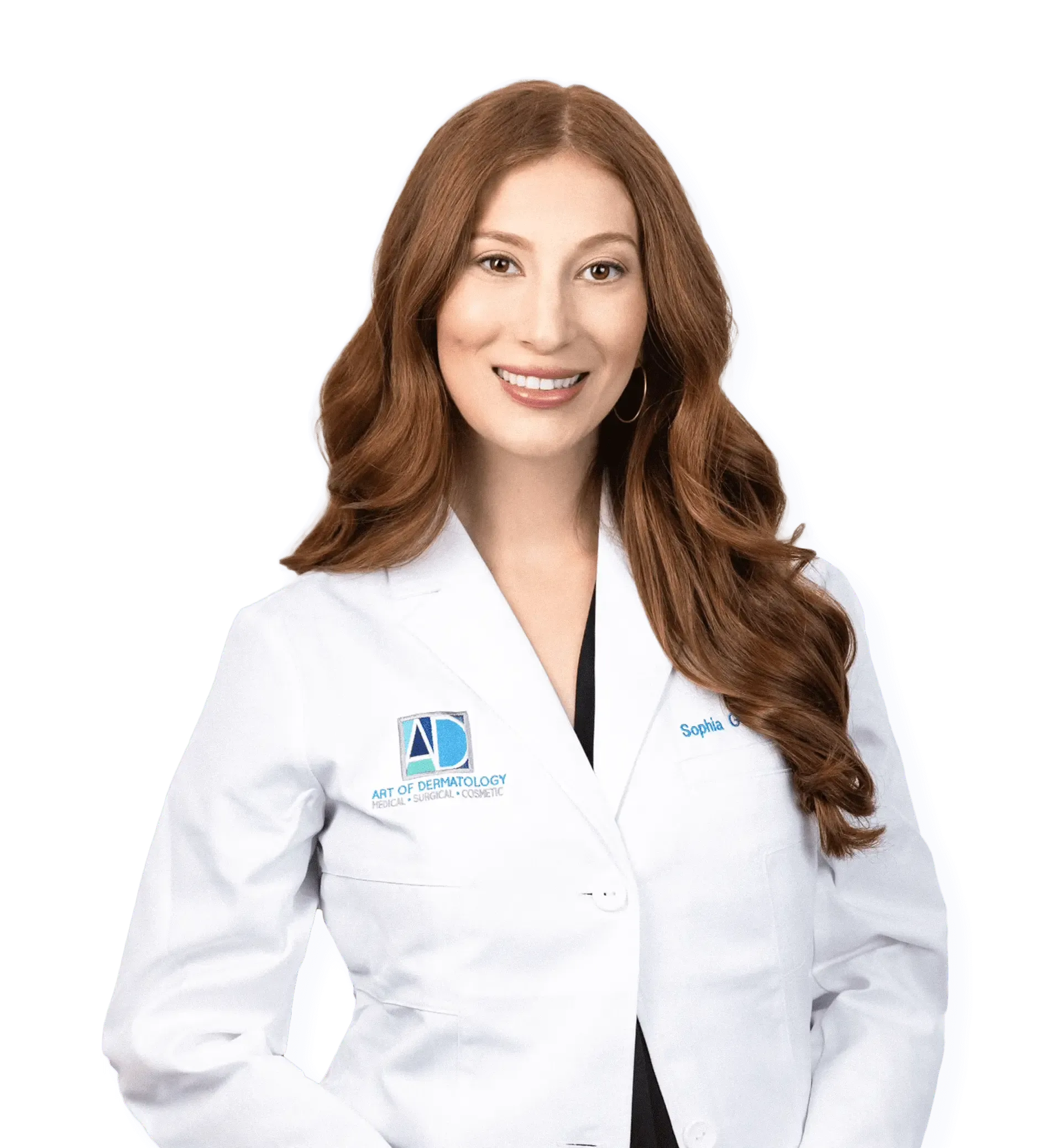 Smiling dermatologist in a white coat representing Art of Dermatology clinic, specializing in skincare treatments.