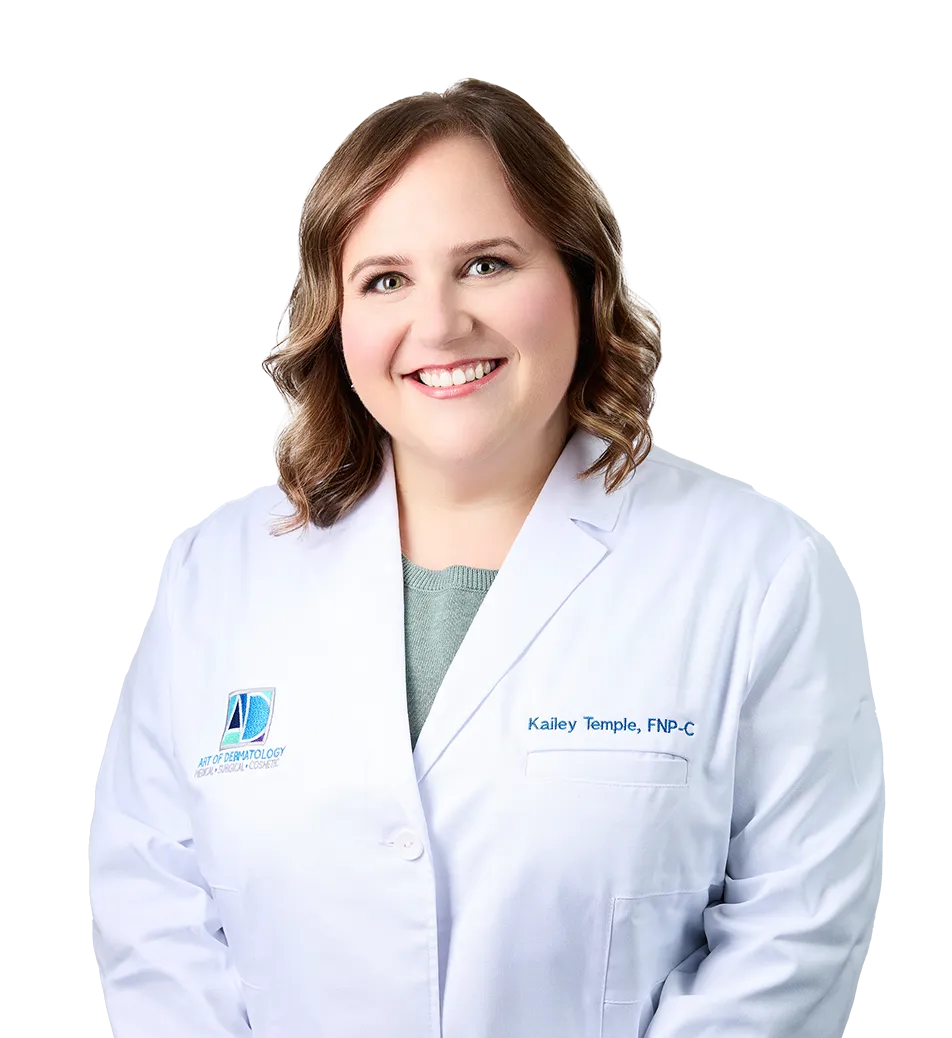 Professional portrait of Kailey Temple, FNP-C, wearing a white lab coat with Art of Dermatology logo, smiling warmly.