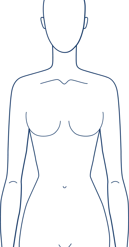Minimalist line art illustration of a woman's body, used for dermatology and skincare treatment mapping.